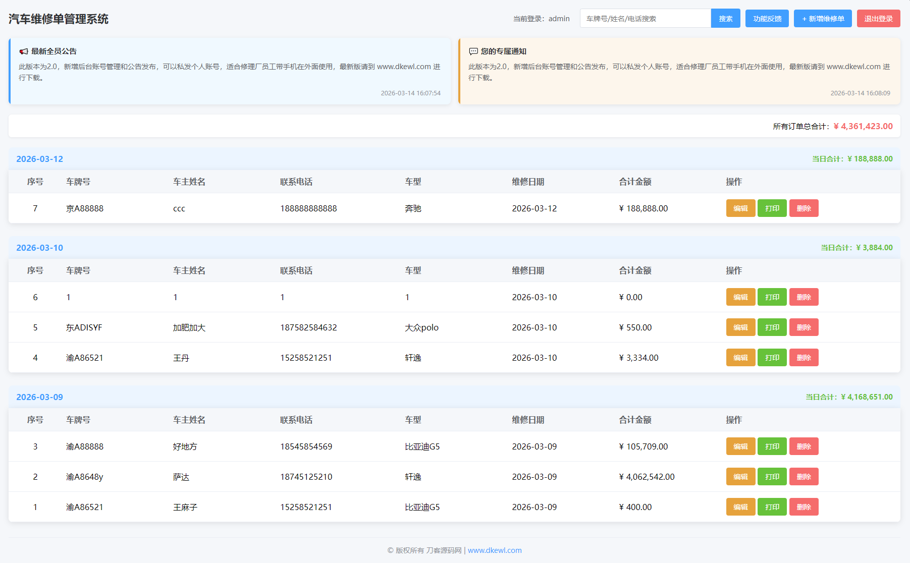 汽修单管理系统源码-壹元库